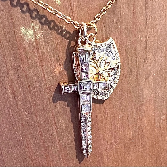Sparkling Gold Toned Cross Sword Necklace with Shield DND Paladin - Picture 3 of 17